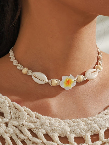 White Flower Seashell Braided Choker Necklace