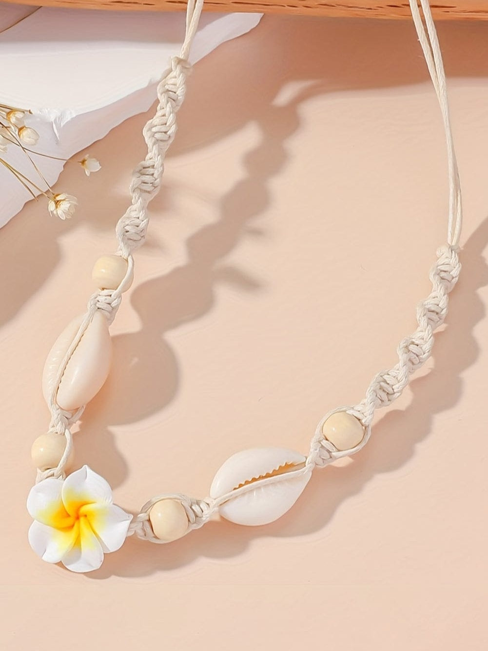 White Flower Seashell Braided Choker Necklace