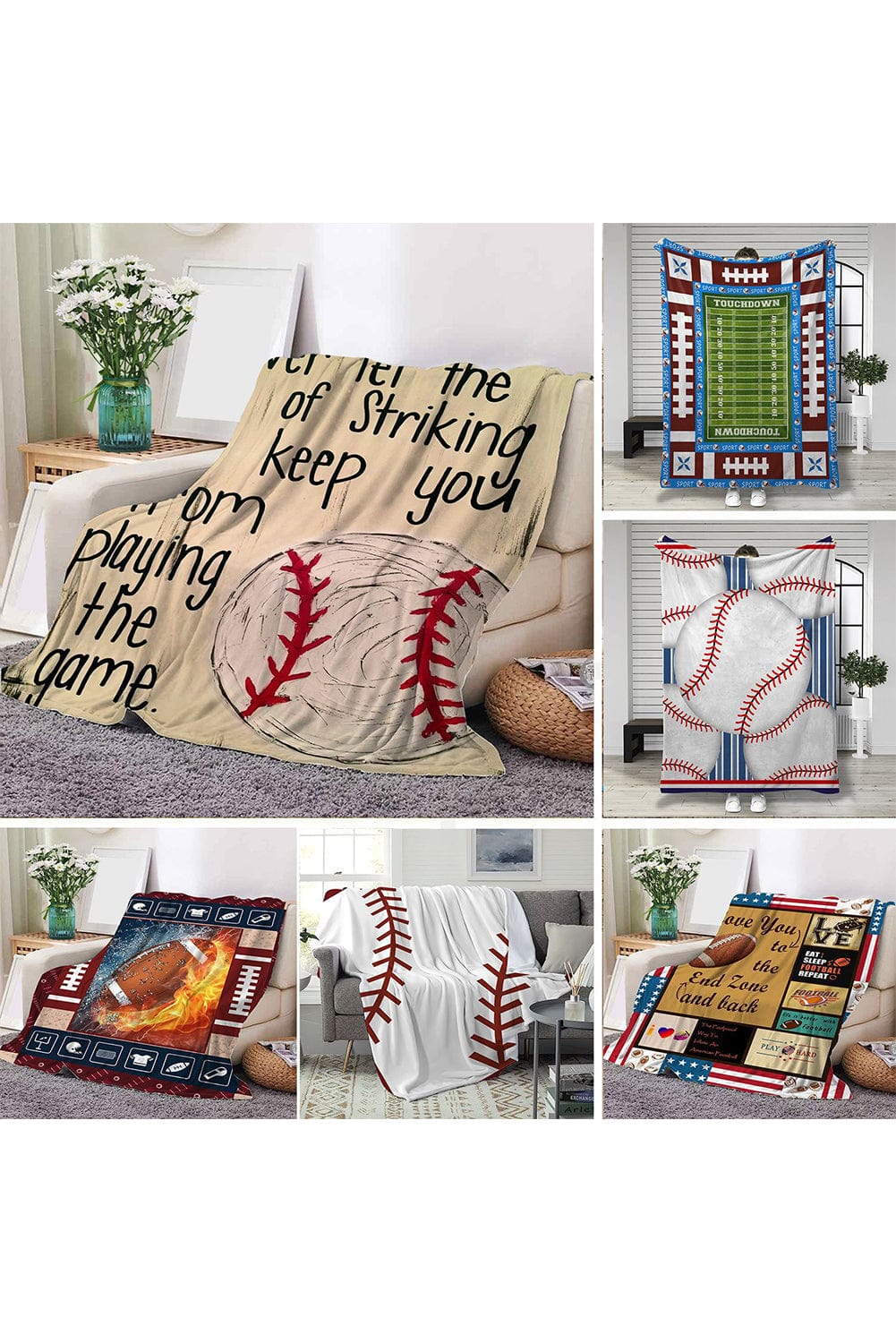 White Striped Sports Print Fleece Blanket - Cozy Baseball & Rugby Design