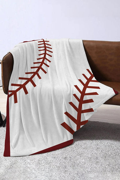 White Striped Sports Print Fleece Blanket - Cozy Baseball & Rugby Design