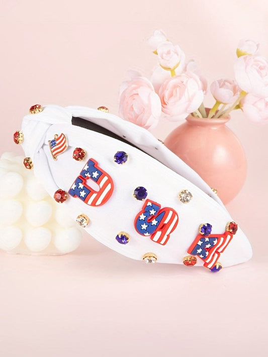 White USA Flag Gemstone Decor Knotted Wide Headband