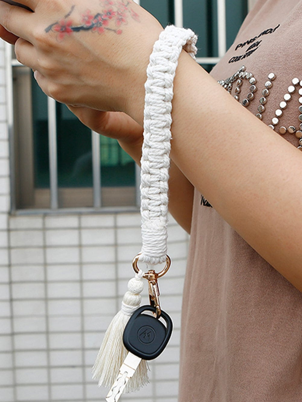 White Woven Tasseled Wrist Keychain