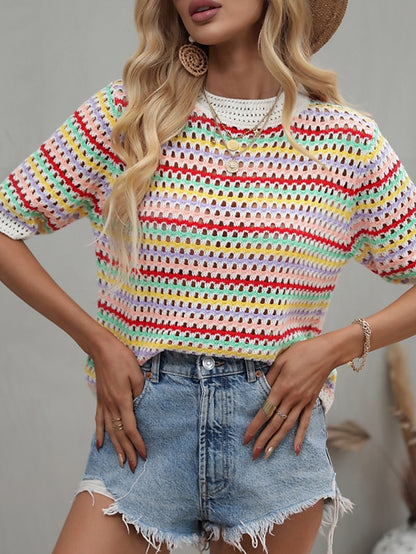 Women's Pullover Sweater jumper Jumper Crochet Knit Knitted Hole Rainbow Crew Neck Stylish Casual Outdoor Home Spring Summer Green Blue S M L / Striped / Regular Fit - LuckyFash™