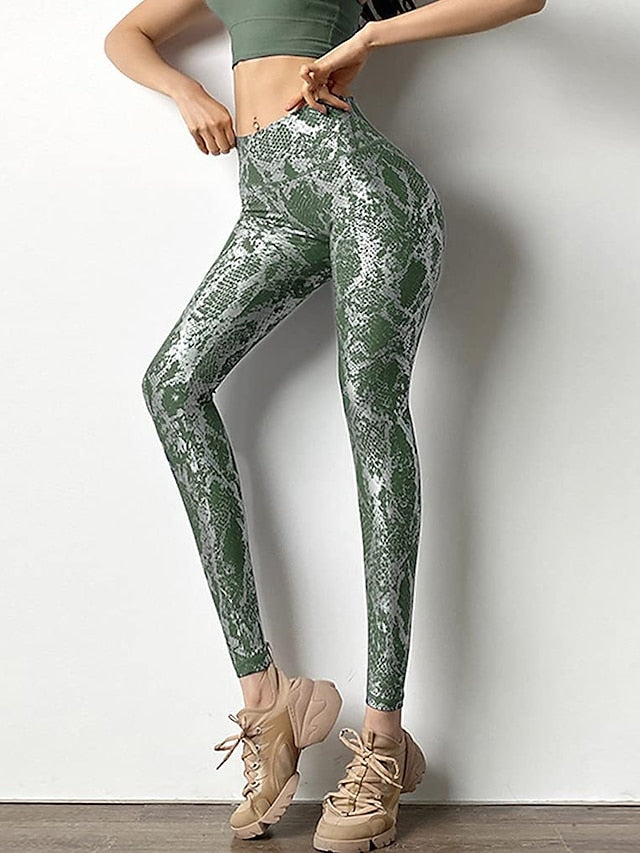 Women's Yoga Pants Scrunch Butt Tummy Control Butt Lift Breathable High Waist Yoga Fitness Gym Workout Leggings Bottoms Snakeskin Green White Black Winter Sports Activewear High Elasticity Slim - LuckyFash™