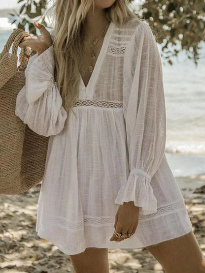 Women's White Dress Casual Dress Summer Dress Mini Dress Hollow Out Vacation Beach Streetwear Basic V Neck Long Sleeve White Color