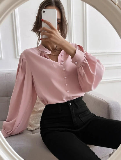 Women's Shirt Lantern Sleeve Blouse Plain Work Button Black Long Sleeve Daily Standing Collar Spring &  Fall