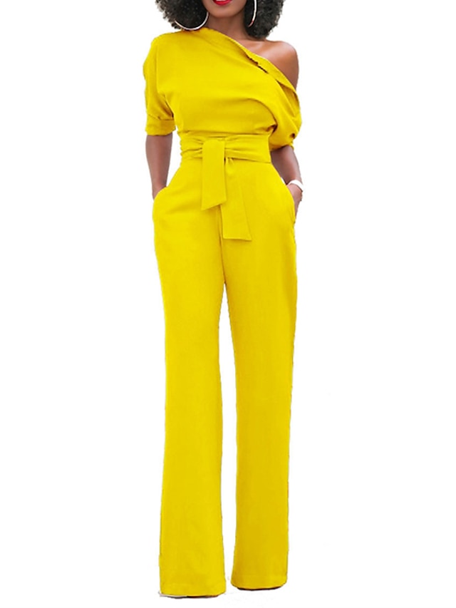 Jumpsuits for Women Summer Dressy Pocket High Waist Solid Color One Shoulder Elegant Party Street Regular Fit Half Sleeve Black Blue Yellow S M L Winter - LuckyFash™