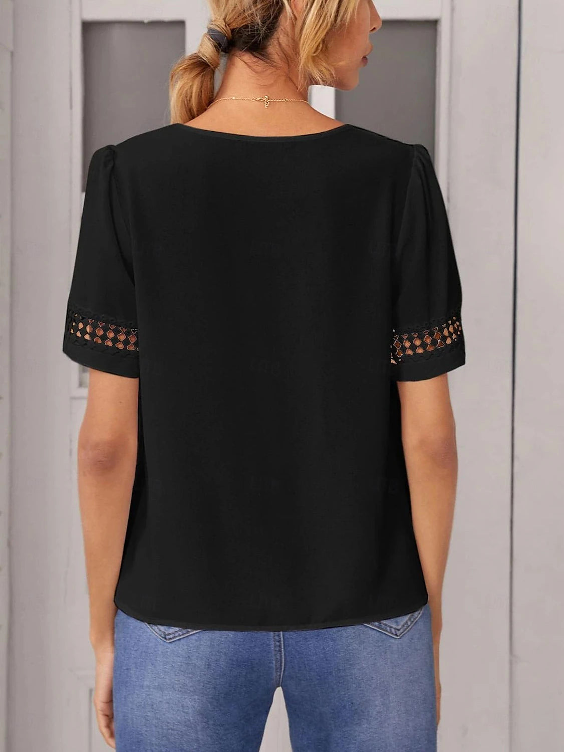 Women's Shirt Blouse Plain Daily Lace Black Short Sleeve Casual Crew Neck Summer