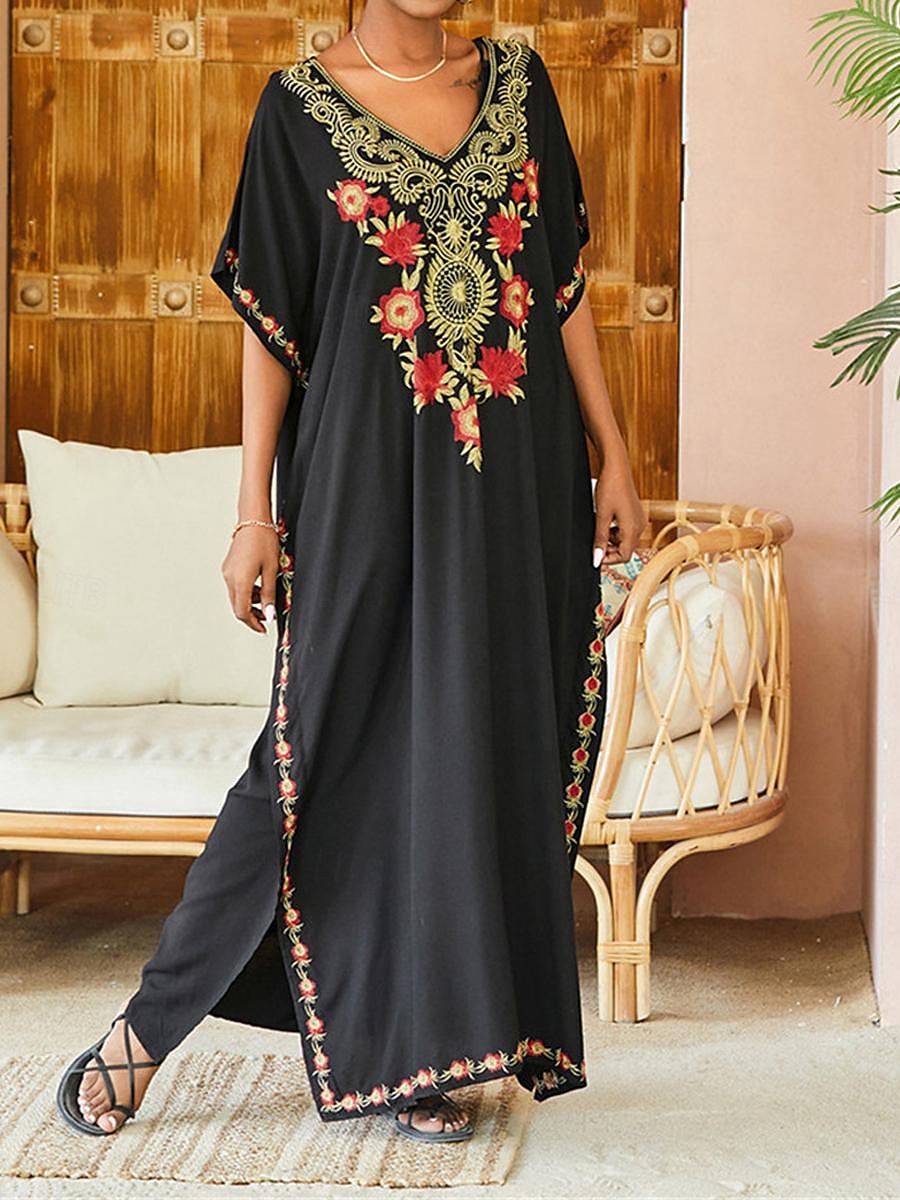 Women's White Dress Summer Dress Cover Up Long Dress Maxi Dress Embroidered Split Vacation Beach Maxi Boho V Neck Half Sleeve Black White Color