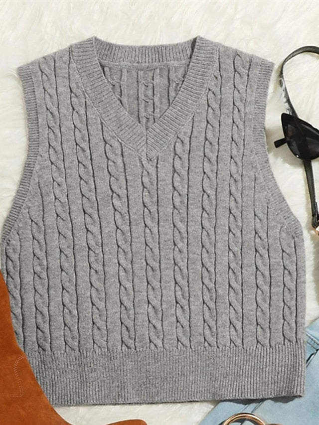 amazon hot selling sweater vest european and american fashion casual sleeveless sweater cable v-neck knitted vest women