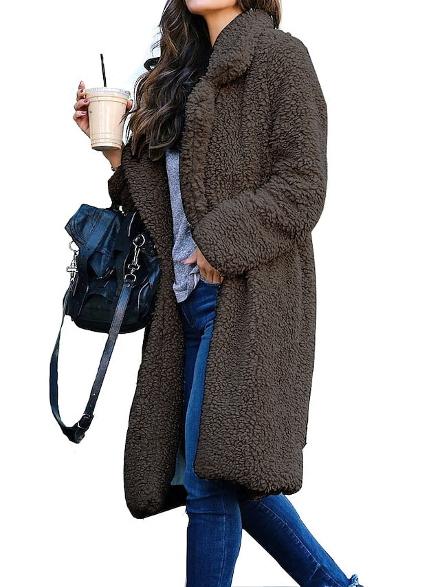 Women's Sherpa jacket Fleece Jacket Teddy Coat Street Daily Going out Winter Fall Long Coat Regular Fit Warm Casual Jacket Long Sleeve Solid Color caramel Shallow Apricot Deep camel / V Neck - LuckyFash™