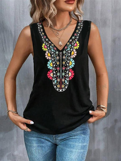 Women's Tank Top Boho Vest Paisley Ethnic Floral Print Black V Neck Sleeveless Vintage Fashion Summer Tank