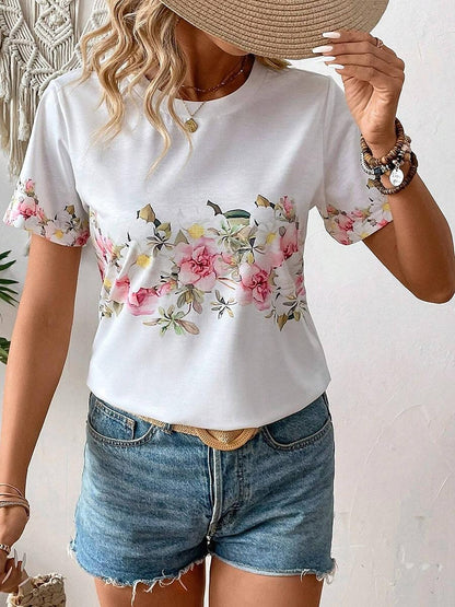 Women's T shirt Tee Floral Daily Weekend White Short Sleeve Elegant Fashion Crew Neck Summer