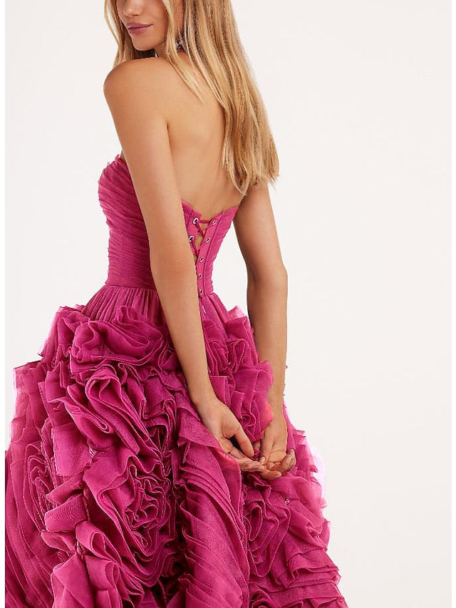 A-Line Prom Dresses Floral Dress Masquerade Ankle Length Sleeveless Strapless Tulle Backless with Floral 2023 - LuckyFash™