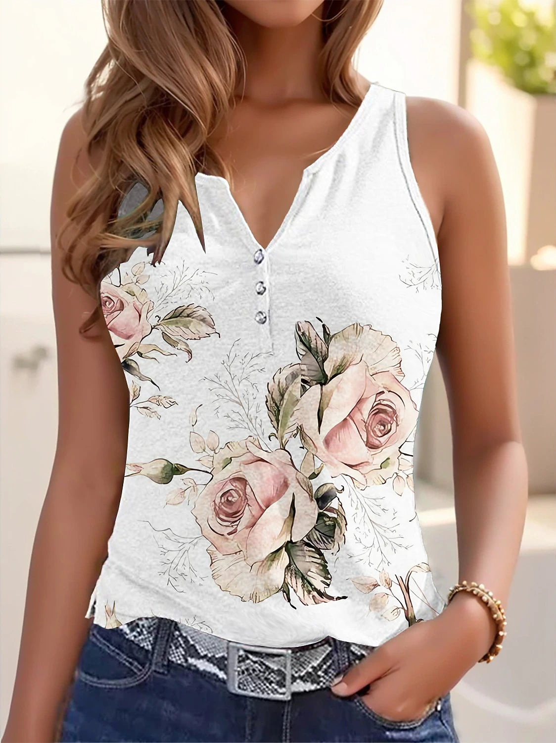 Women's Tank Top Floral Casual Holiday Button Print Light Green Sleeveless Basic V Neck