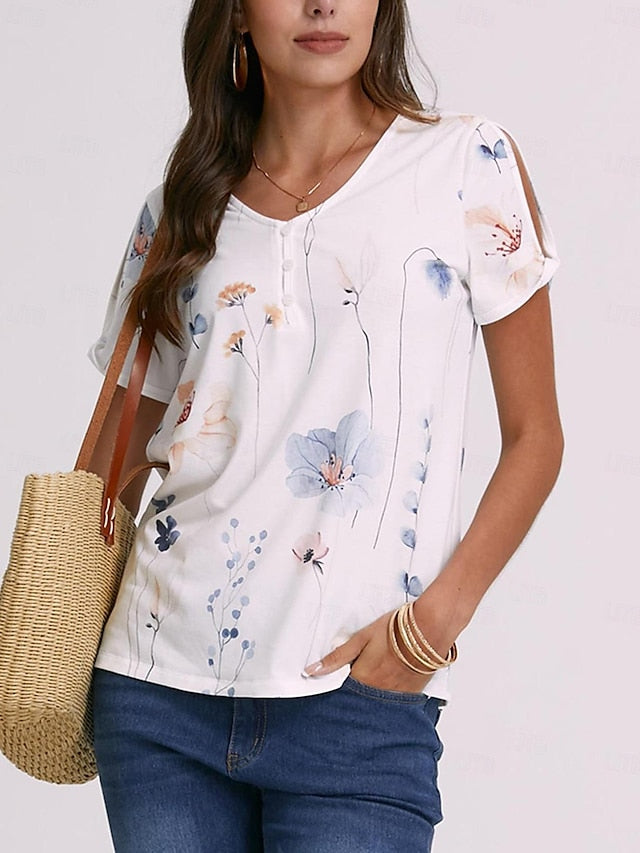 Women's T shirt Tee Henley Shirt Floral Holiday Weekend Button Cut Out Print White Short Sleeve Basic Round Neck