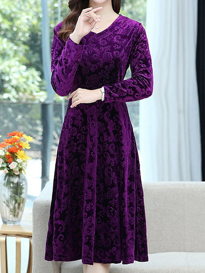 Women's Velvet Dress Casual Dress Swing Dress Midi Dress Pocket Daily Elegant Fashion V Neck Long Sleeve Black Wine Blue Color