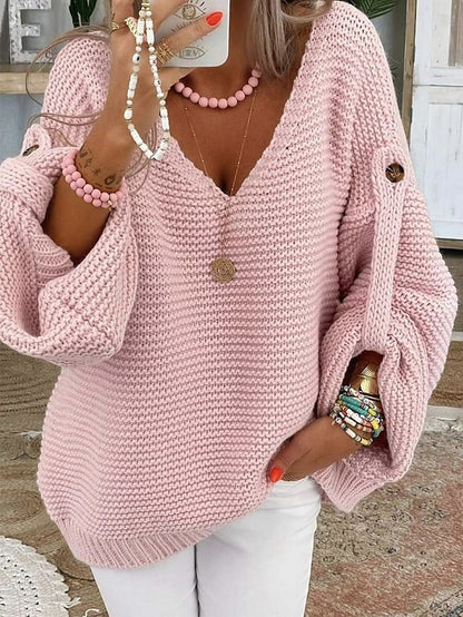 Women's Pullover Sweater Jumper V Neck Crochet Knit Spandex Button Oversized Fall Winter Regular Daily Going out Stylish Soft Long Sleeve Pure Color Pink Light Blue S M L