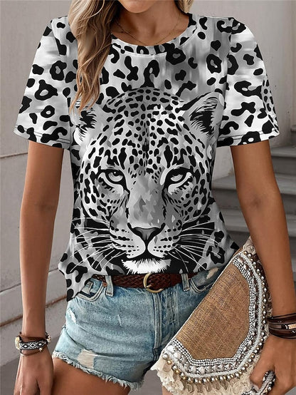 Women's T shirt Tee Leopard Daily Weekend Print Blue Short Sleeve Fashion Crew Neck Summer