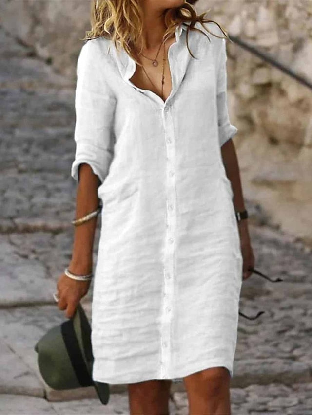 Women's Shirt Dress Casual Dress Cotton Linen Dress Midi Dress Cotton Blend Fashion Classic Outdoor Daily Shirt Collar Button Half Sleeve Summer Spring Fall 2023 Regular Fit Black White Gray Plain S - LuckyFash™