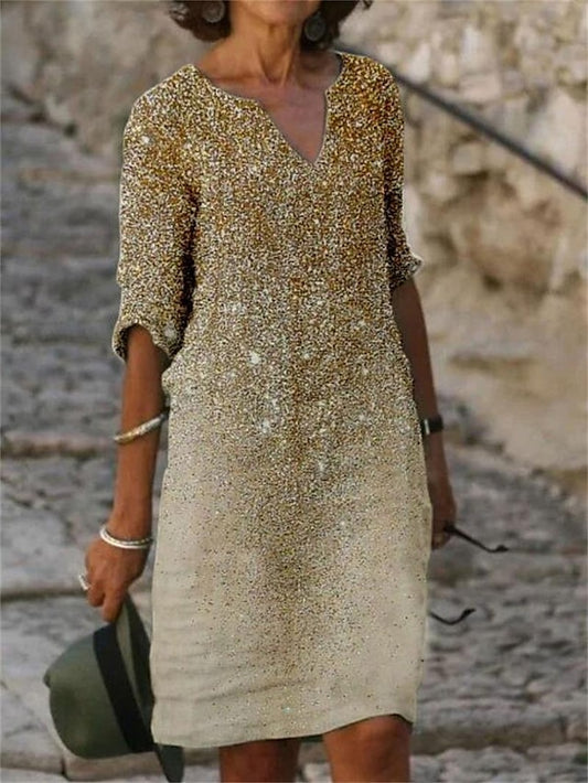Women's Casual Dress Shift Dress Midi Dress fluorescent yellow khaki Half Sleeve Abstract Print Summer Spring V Neck Vintage 2023 S M L XL XXL XXXL 4XL 5XL