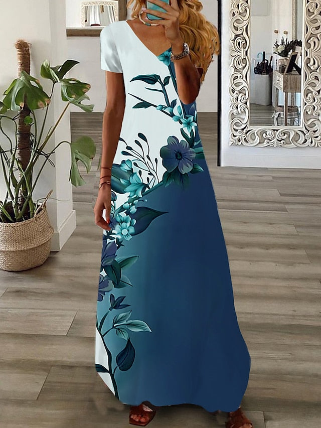 Women's Long Dress Maxi Dress Casual Dress Summer Dress Print Dress Floral Ombre Fashion Streetwear Outdoor Daily Date Print Short Sleeve V Neck Dress Regular Fit Light Green Pink Navy Blue Summer - LuckyFash™