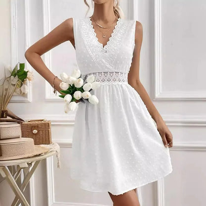 Women's White Lace Wedding Dress Mini Dress Cotton with Sleeve Date Streetwear V Neck Sleeveless White Color