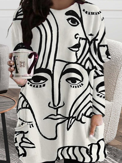 Women‘s Plus Size Curve T Shirt Dress Tee Dress Abstract Crew Neck Print Long Sleeve Winter Fall Casual Daily Vacation Dress