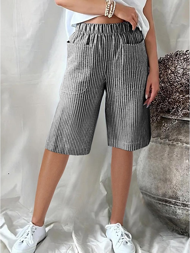 Women's Shorts Linen Cotton Blend Striped Black Yellow Casual Daily Knee Length Going out Weekend Summer