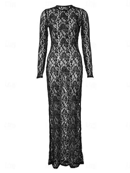 Women's White Dress Lace Dress Casual Dress Long Dress Maxi Dress Lace Patchwork Date Vacation Streetwear Maxi Round Neck Long Sleeve Black White Color