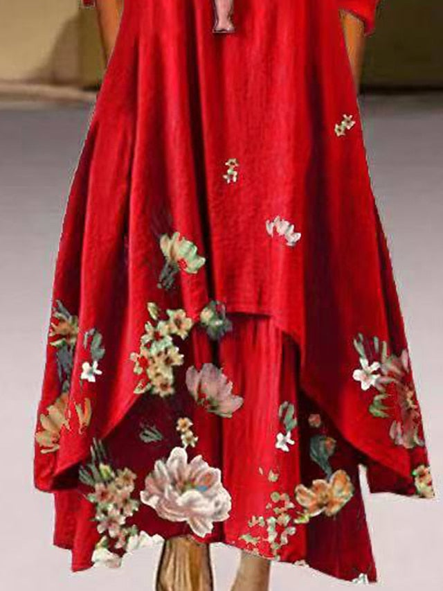 Women's Dress - Swing Dress Maxi long Dress Red Long Sleeve Print Pocket Print Spring Summer Round Neck Casual Vintage 2022 S M L XL XXL XXXL 4XL 5XL / Loose