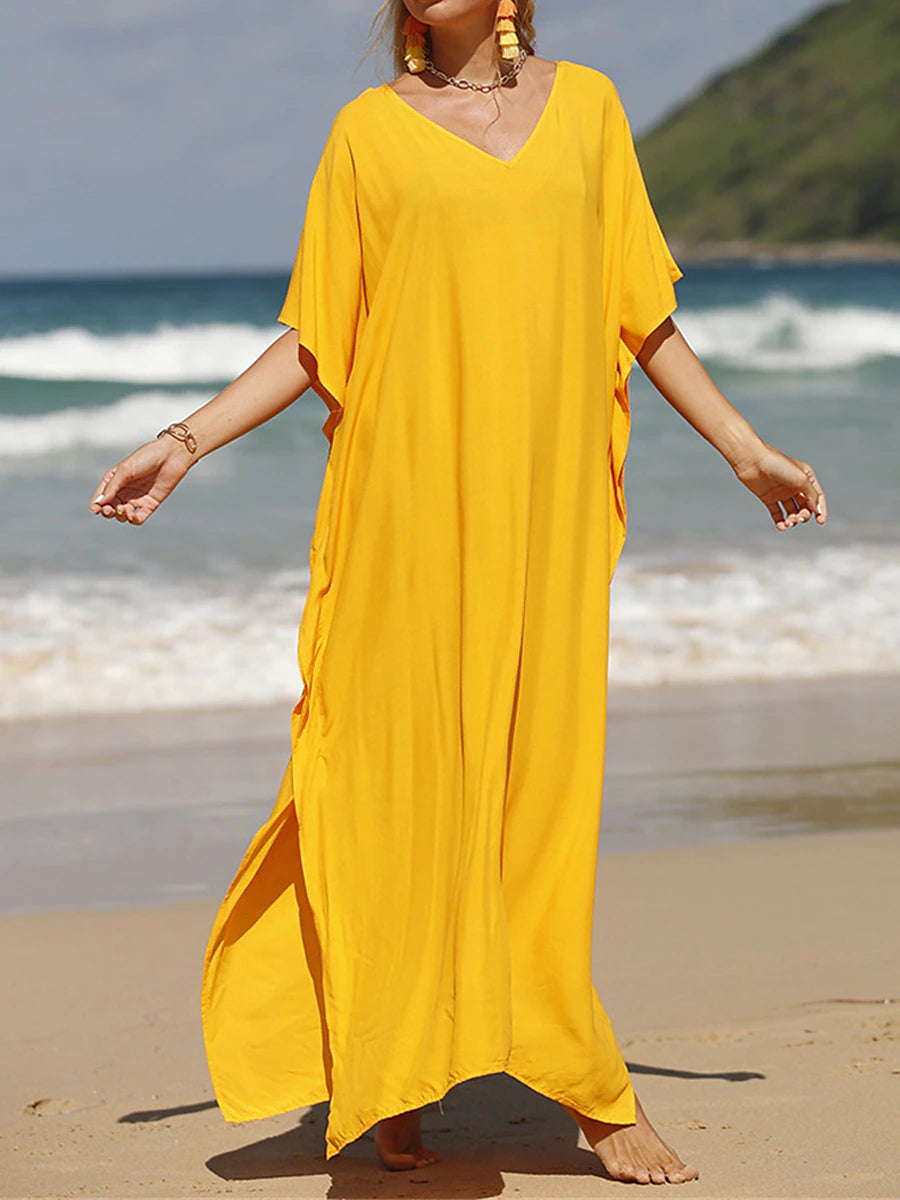 Women's White Dress Casual Dress Summer Dress Long Dress Maxi Dress Split Date Vacation Beach Maxi Basic V Neck Half Sleeve Black White Yellow Color