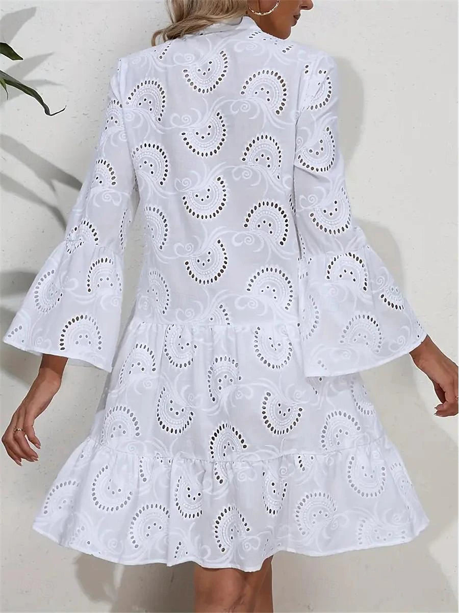 Women's White Dress Lace Dress Casual Dress Mini Dress Cotton Embroidered Button Date Streetwear Basic Split Neck Long Sleeve White Color