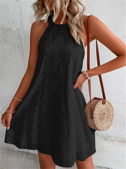 Women's White Dress Lace Dress Casual Dress Mini Dress Cotton Eyelet Daily Vacation Halter Neck Sleeveless Summer Spring Black White Plain