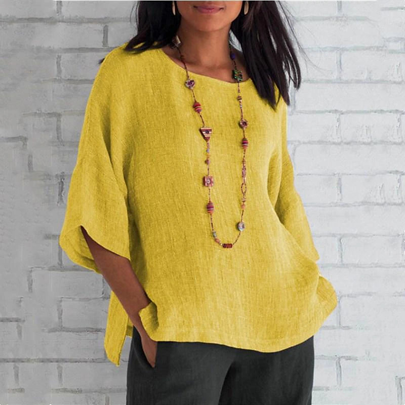 Women's Shirt Blouse Long Cotton Top Plain Daily Yellow Long Sleeve Daily Basic Casual Crew Neck Round Neck Spring Fall