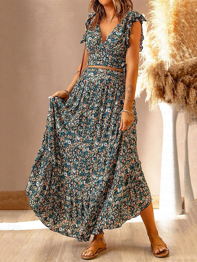 Women's Two Piece Dress Set Casual Dress Skirt Set Floral Dress Holiday Vacation Bohemia Vintage Ruffle Print Long Dress Maxi Dress V Neck Sleeveless Floral Regular Fit Blue Green Rainbow Summer S M