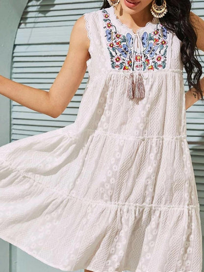 Women's White Dress Lace Dress Casual Dress Mini Dress Cotton Lace Ruffle Date Vacation Maxi V Neck Sleeveless White Color