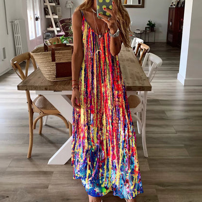 Women's Slip Dress Graphic Print V Neck Maxi long Dress Sleeveless Summer