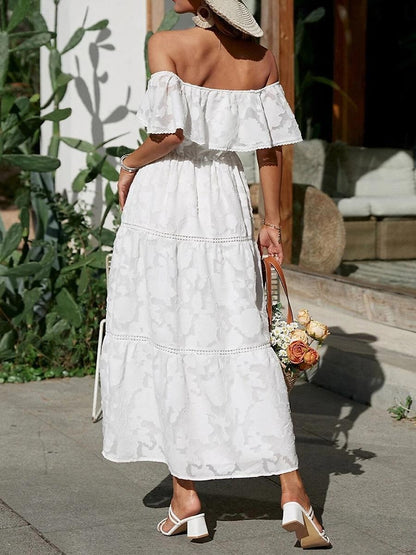 Women's White Dress Long Dress Maxi Dress Chiffon Lace Ruffle Date Vacation Streetwear A Line Off Shoulder Short Sleeve Black White Pink Color