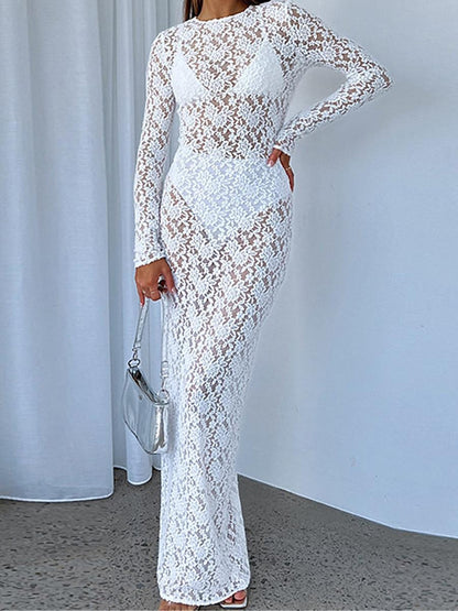 Women's White Dress Lace Dress Casual Dress Long Dress Maxi Dress Lace Patchwork Date Vacation Streetwear Maxi Round Neck Long Sleeve Black White Color