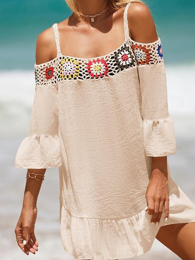 Women's Summer Dress Cover Up Ruffle Cut Out Beach Wear Holiday Long Sleeve Black White Yellow Color