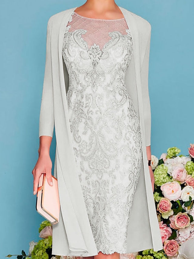 Two Piece Sheath / Column Mother of the Bride Dress Formal Church Elegant Jewel Neck Knee Length Chiffon Lace 3/4 Length Sleeve Wrap Included Jacket Dresses with Beading Appliques 2023 - LuckyFash™