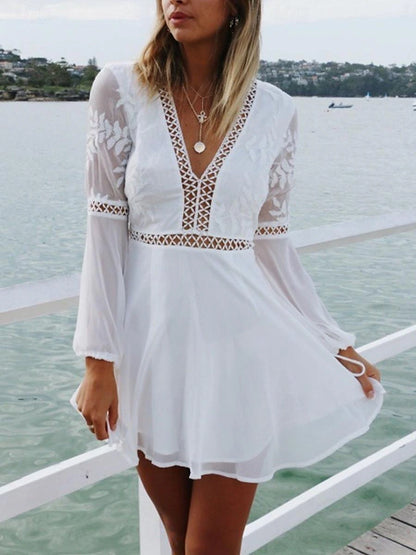 Women's White Dress Lace Dress Casual Dress Mini Dress Lace Backless Date Vacation Streetwear A Line V Neck Long Sleeve White Color