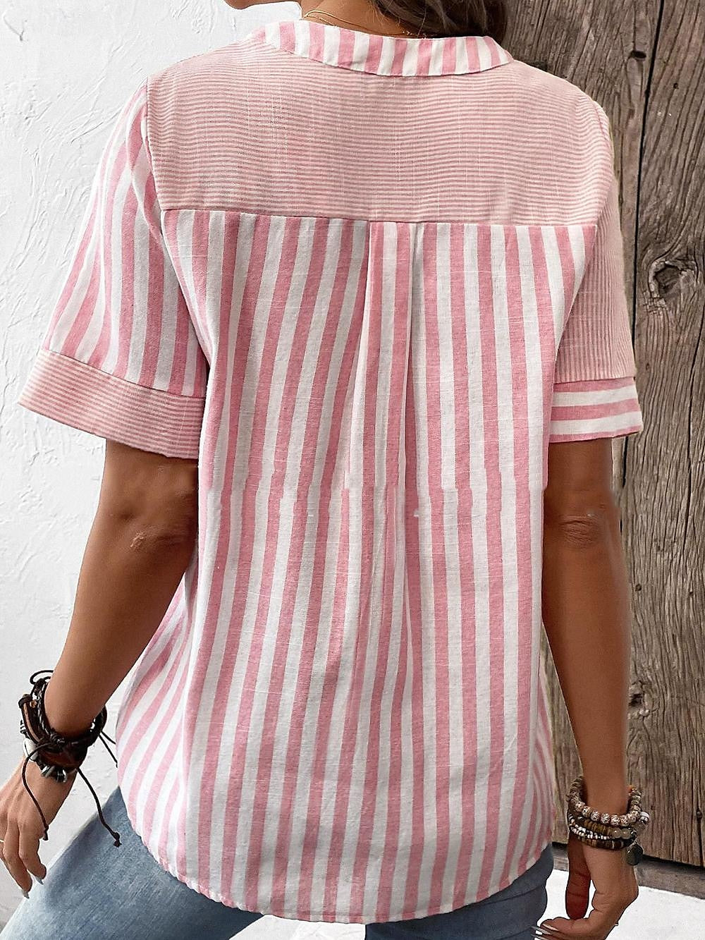 Women's Shirt Blouse Striped Daily Button Print Pink Short Sleeve Casual V Neck Summer