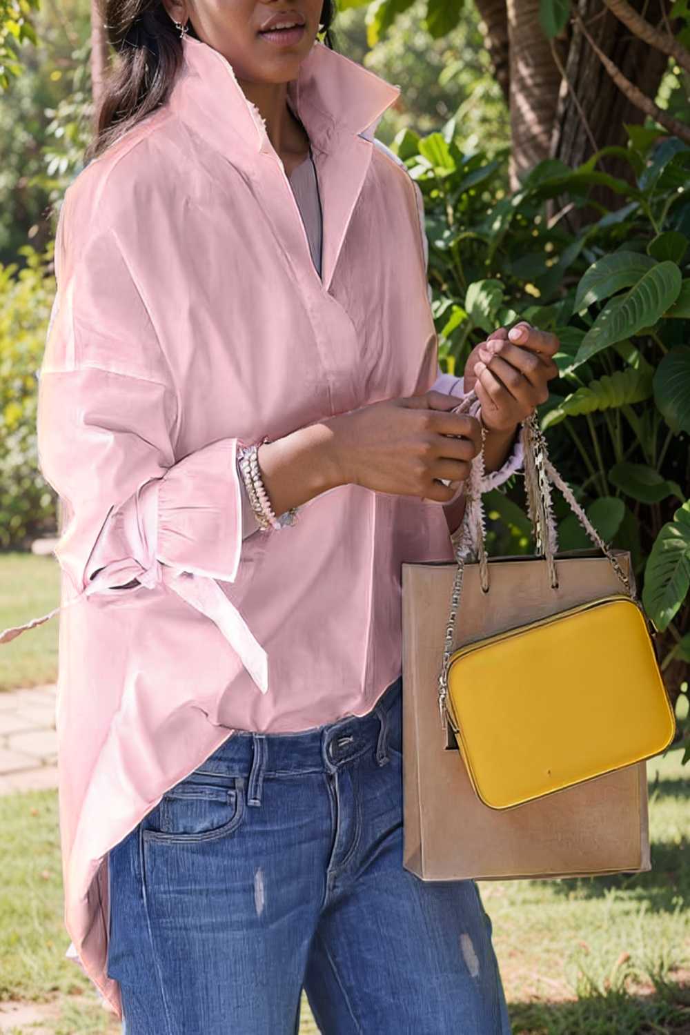 women s blouses loose solid belted long sleeve blouse 109210