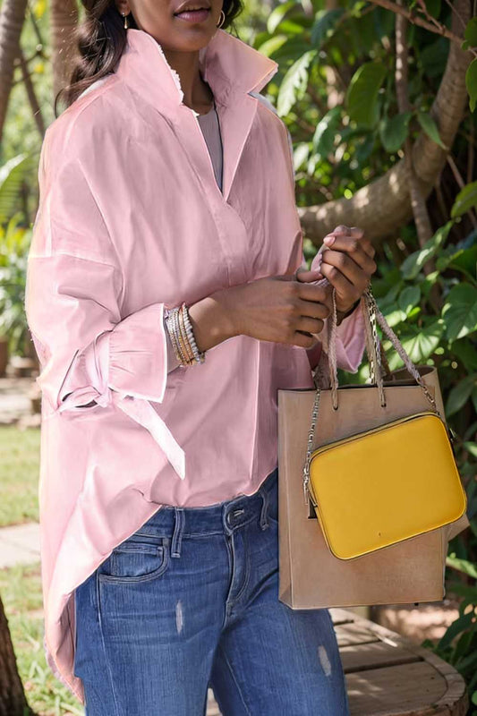 women s blouses loose solid belted long sleeve blouse 109201