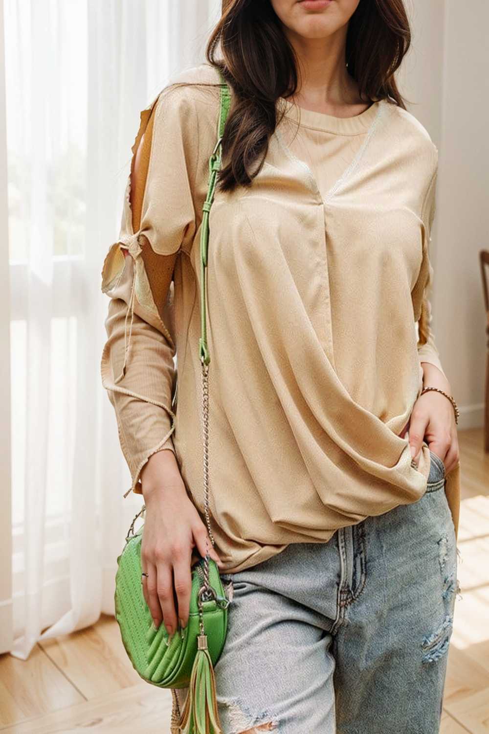 women s blouses loose solid belted long sleeve blouse 149906