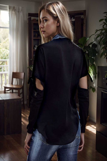 women s blouses loose solid belted long sleeve blouse 111407