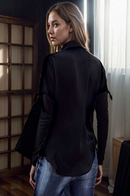 women s blouses loose solid belted long sleeve blouse 108644