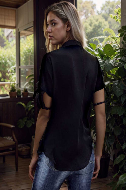 women s blouses loose solid belted long sleeve blouse 108640